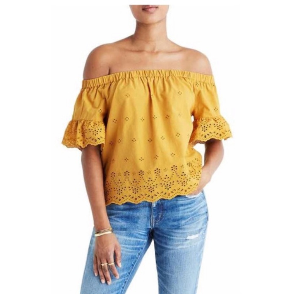 Madewell off the shoulder eyelet yellow blouse